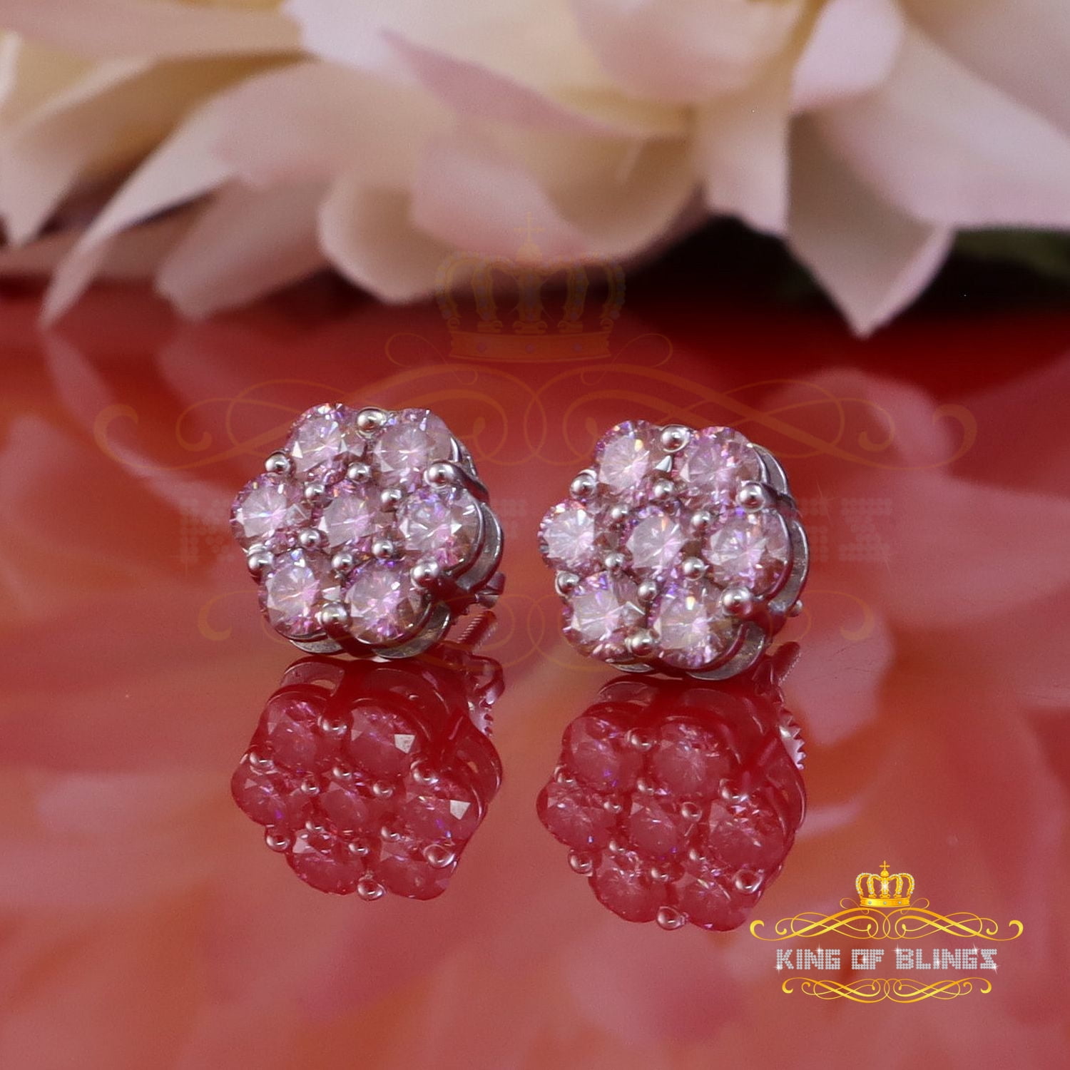 King of Bling's 925 Silver White 2.25ct VVS D Pink Moissanite Floral Men's/Women's Stud Earrings