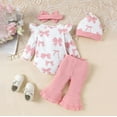 thumbnail image 5 of VNKIDY Girls Baby Cute 4 Piece Outfit Bow Prints Ruffled Long Sleeve Crewneck Romper Stretchy Flared Pants With Bow Headnband Hat For Daily Wear Cozy Set, 5 of 7