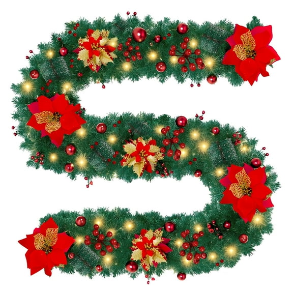 Christmas Garland with Lights, 9FT Pre-Lit Artificial Christmas Garland with 30 LED Bulbs, Red Berries, Artificial Pine Battery Operated Garland for Fireplace, Staircase, Indoor & Outdoor Decoration