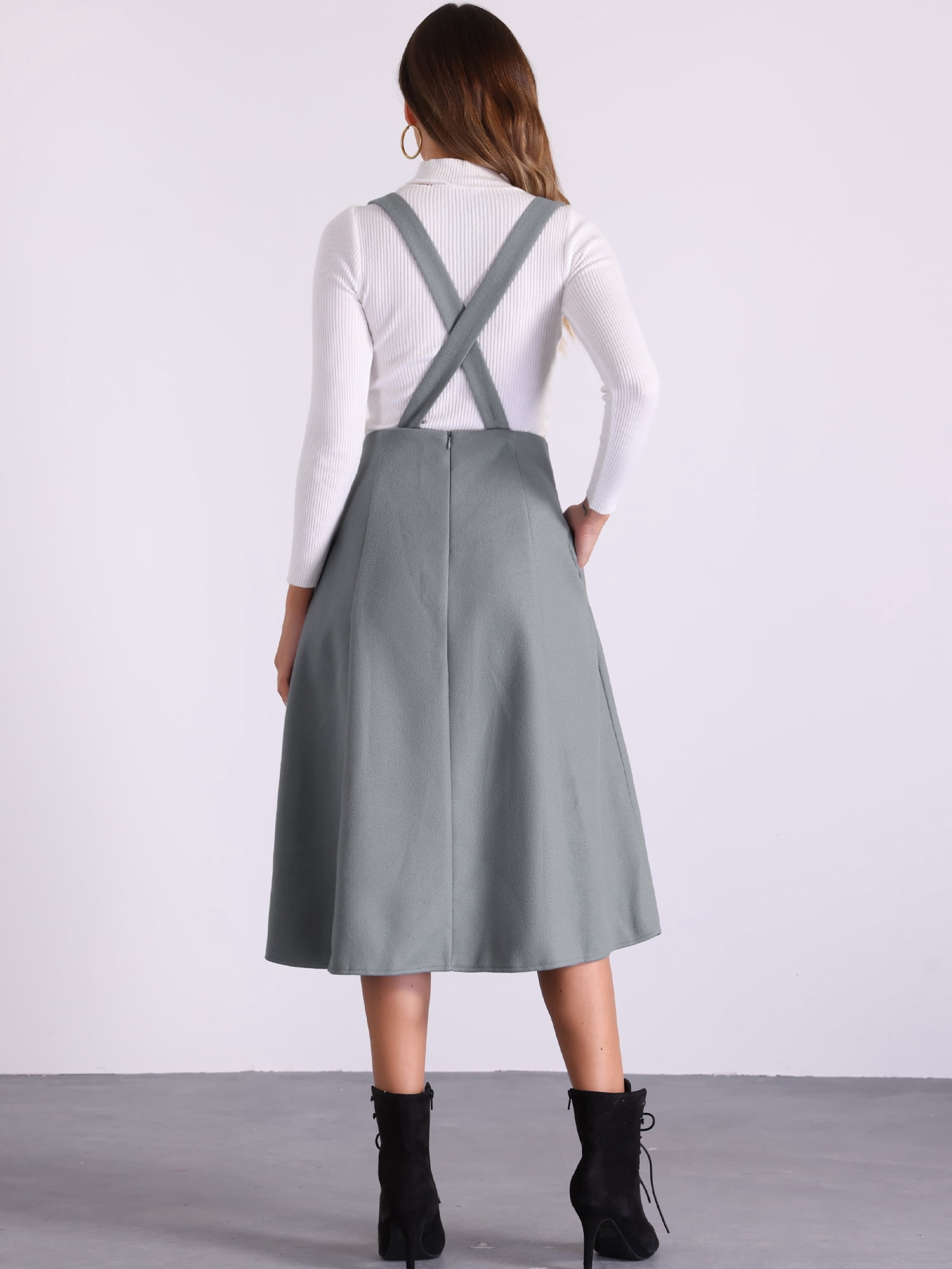DARING DIVA Women's Cross Back A Line Elegant Overall Pinafore Dress L Dark Grey