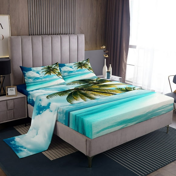 Erosebridal Hawaii Beach Sheet Set King, Sea Wave Palm Tree Bedding Sets King Size 4pcs