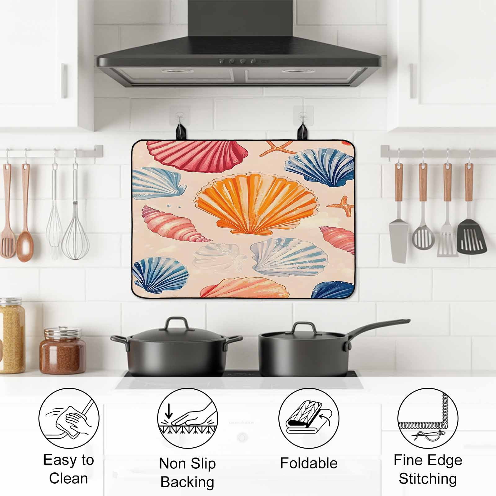 Orange Blue Pink Coastal Stove Top Cover for Electric Stove, Heat-proof & Non Slip Glass Top Stove Cover Protector, Summer Nautical Shell Beach Kitchen Flat Cooktop Rubber Mat 24x21 Inches