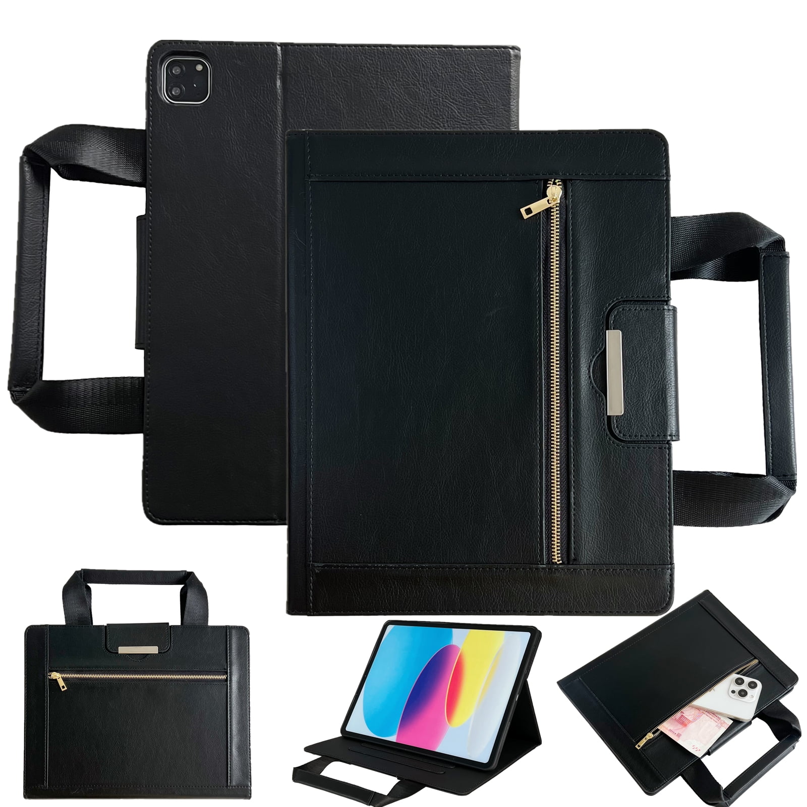 Handbag Style Universal Folio Case for iPad Pro 11" (1st/2nd/3rd/4th Gen) / iPad Air 10.9" (4th/5th Gen) with Handle, Card Slots, Zippered Pocket, Auto Sleep Wake, PU Leather Protective Cover, Black