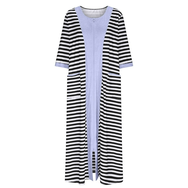 HUJlwoi Chemise de Nuit Imprimée pour Femmes Rayée Longue Robe de Bain Zippée Robe Décontractée Chemise de Nuit Manches 3/4 avec Poches