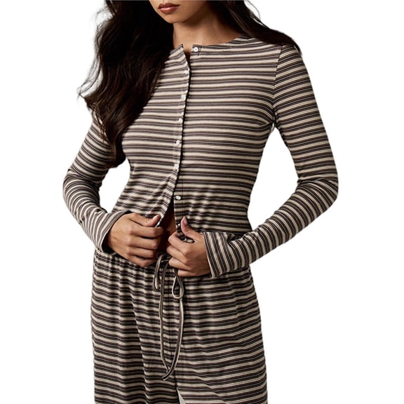 Women's Striped 2 Piece Pants Outfits Long Sleeve Button Down Knit Top Set Leisure Vacation Brown S