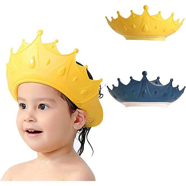 Juego de 2 piezas de gorros de ducha con corona para bebés para niños (amarillo y azul), ajustables para lavar el cabello de los niños y cubrir el gorro de ducha, mascarilla facial para baby shower,