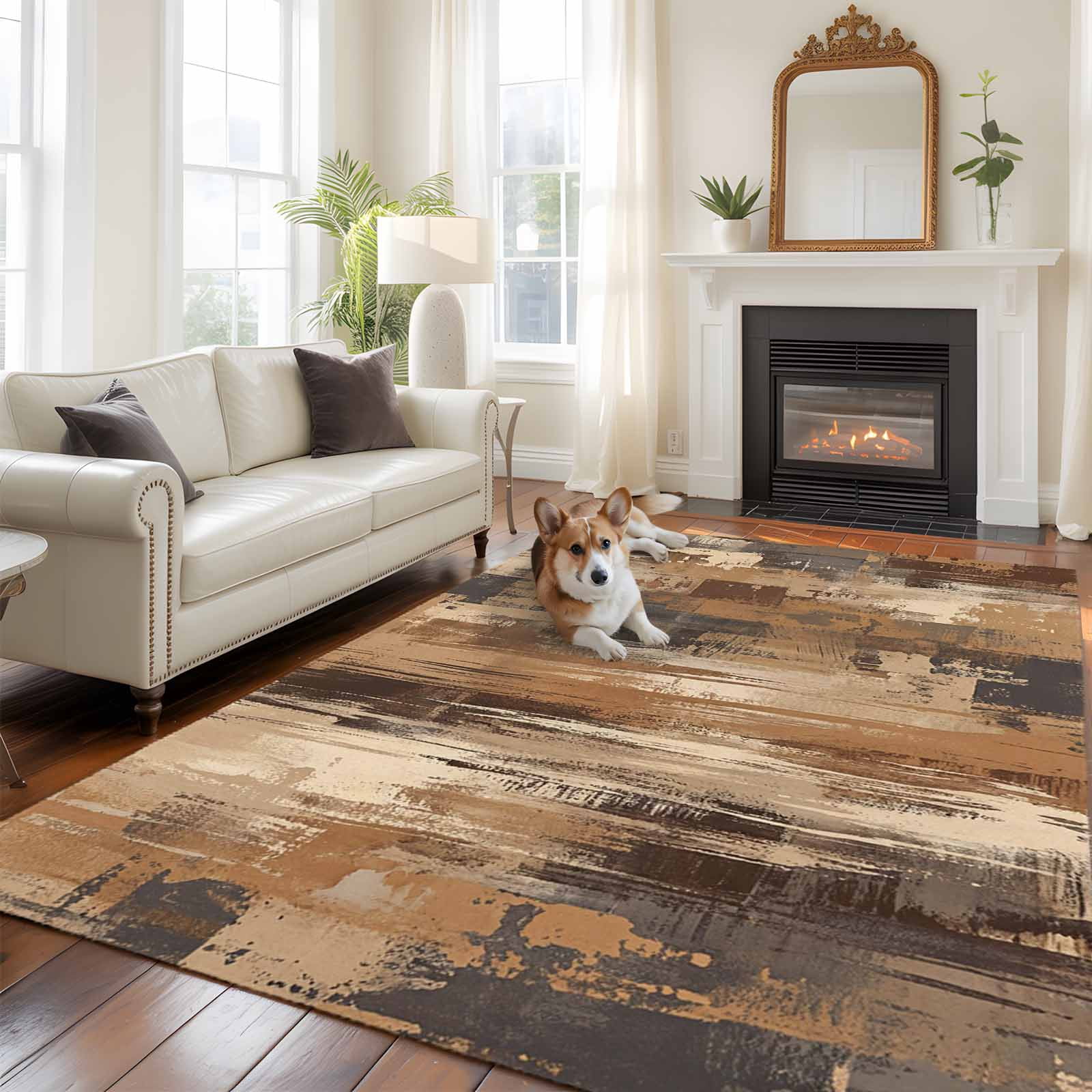 Large Area Rugs for Living Room Bedroom, Brown Abstract 8'x10' Rug Washable Carpet Runner Indoor Outdoor, Vintage Geometric Gradient Oil Painting Modern Non Slip Floor Mats Rug for Kitchen, Patio