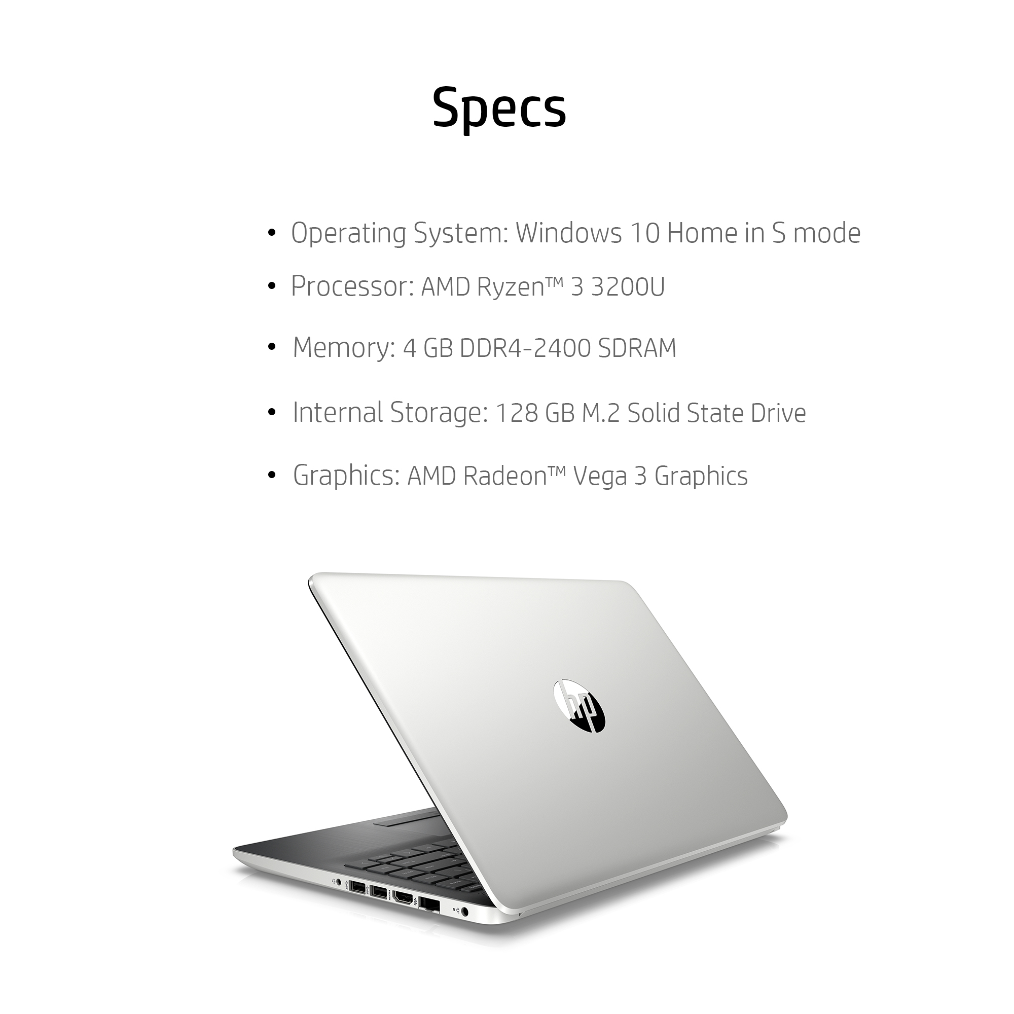 HP 14" Laptop, AMD Ryzen 3 3200U, 4GB SDRAM, 128GB SSD, Whisper Silver, 14-dk0028wm - image 4 of 7