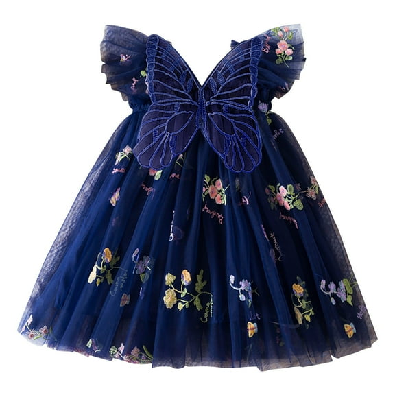 Generic Children Gown Dresses Toddler Baby Girl Baby Clothes Summer Butterfly Wing Lace Casual Short Sleeve Dress for Bowknot Flower Pageant Party Wedding(1-2 Years,BU2)
