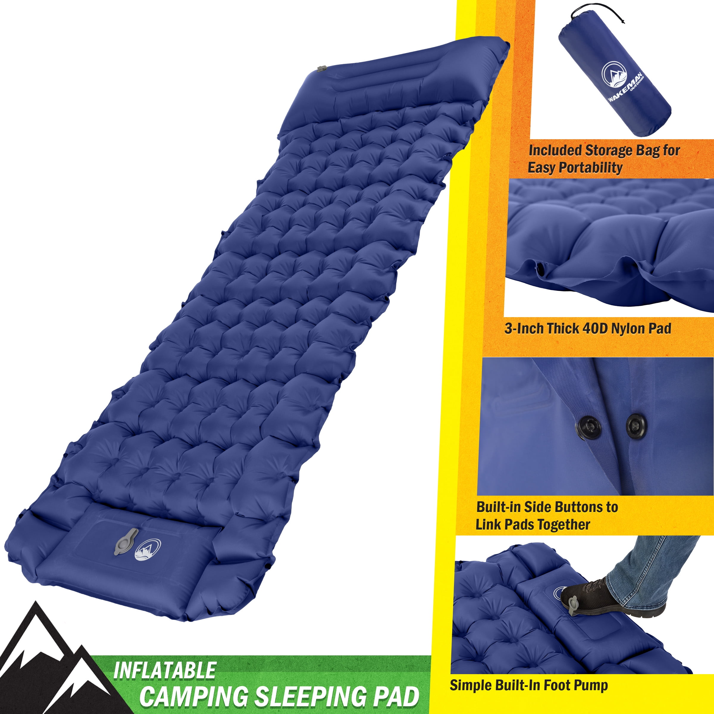 Wakeman Outdoors Sleeping Pad for Camping - Inflatable Mat with Built-in Foot Pump, Waterproof Camp Mattress, Camping Gear Must Haves, Blue