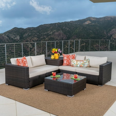 - Noble House Faviola Outdoor 4 Seater Wicker Sectional Sofa with Aluminum Frame and Cushion and Includes Storage, Multibrown, Beige