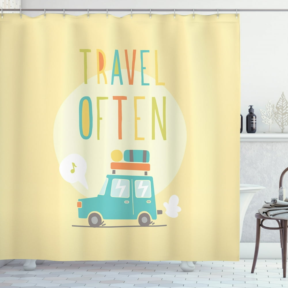 Camping Shower Curtain, Soft Pastel Color Road Trip Summer Holiday