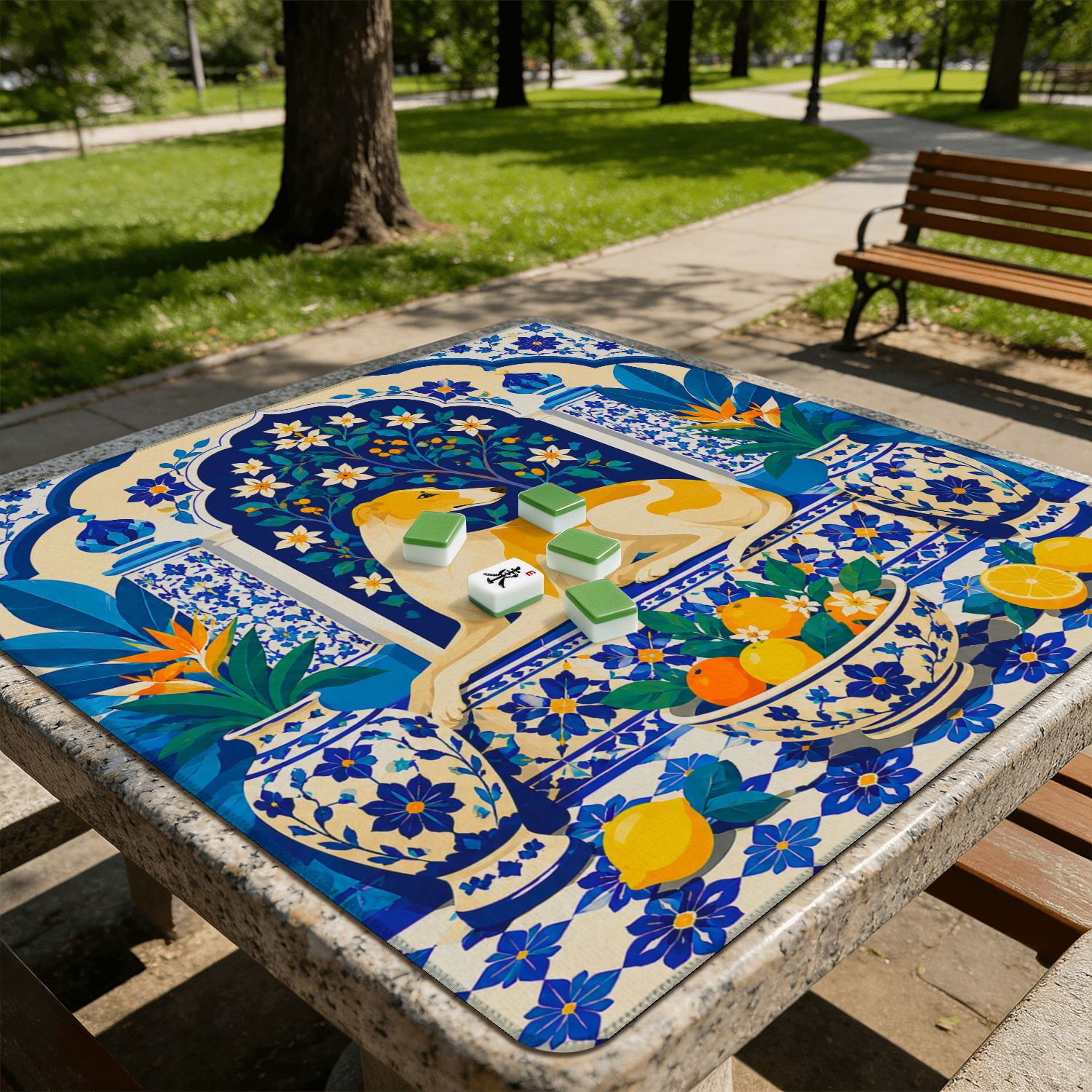 Mahjong Mat 31.5" x 31.5" Cheetah Relaxing Among Blue White Porcelain Citrus Fruits Floral Non-Slip Noise Reduction American Mahjong Tiles Table Cover for Dominoes Poker Card Board Games Gift