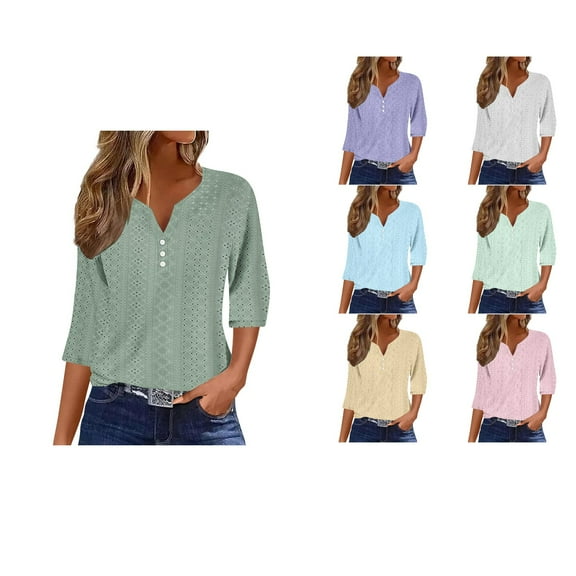 Ahuyic Womens Plus Size Top, Casual 3/4 Sleeve Blouse For Autumns And Winter, Womens Loose And Casual Solid-neck 3/4 Sleeves And 3/4 Sleeves Top