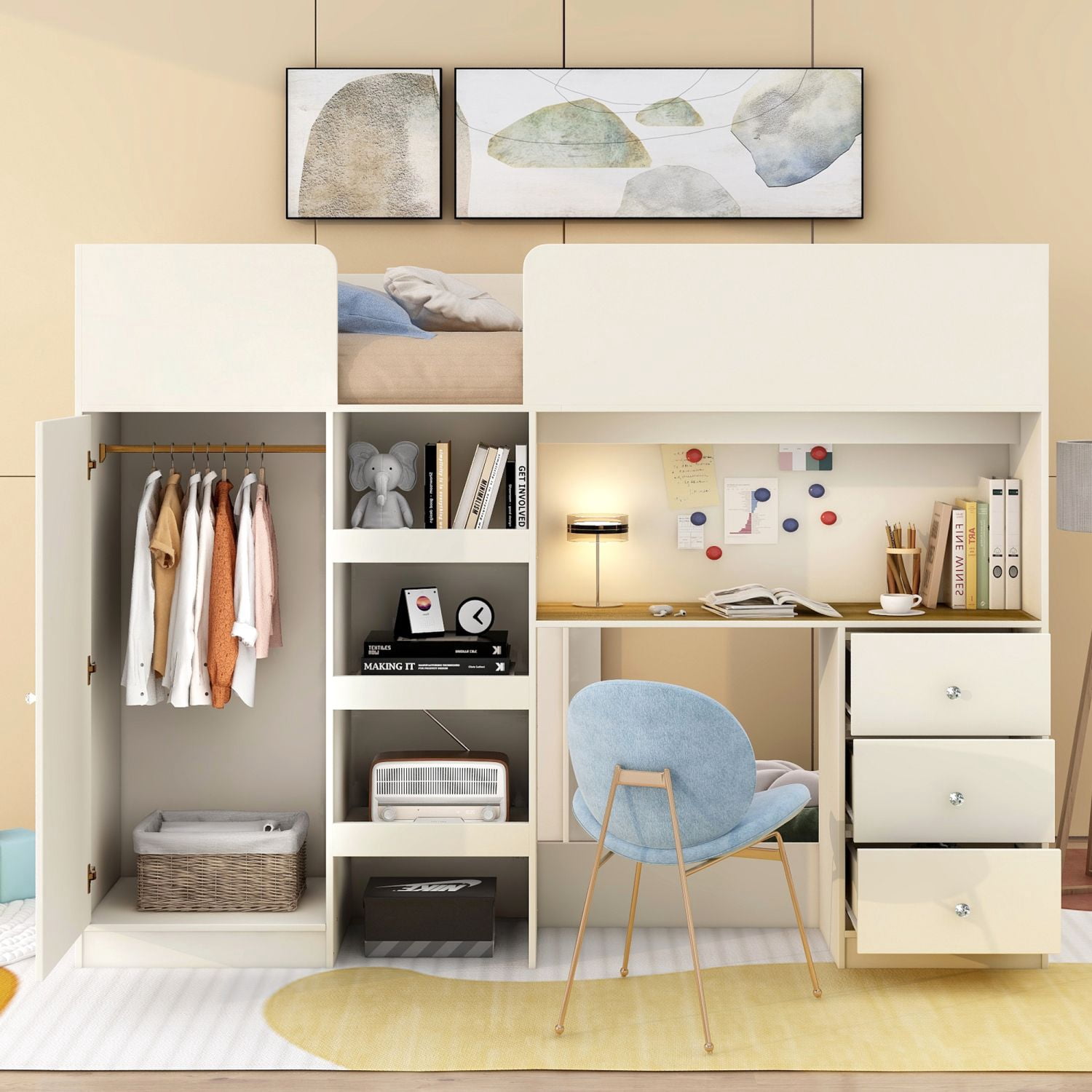 Asteroutdoor Wood Full Size Loft Bed with Built-in Wardrobe, Desk, Storage Shelves and Drawers, Beige