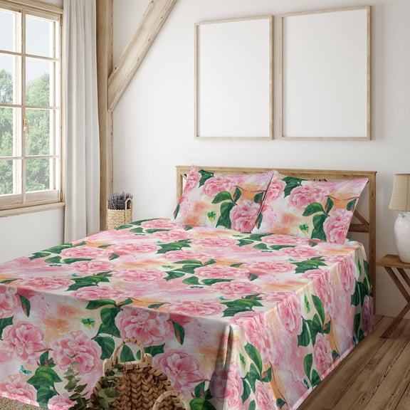 Ambesonne Roses Fitted & Flat Sheet with Shams 4 Pcs Set, Botany Garden Flowers Print, King, Forest Green Pastel Pink