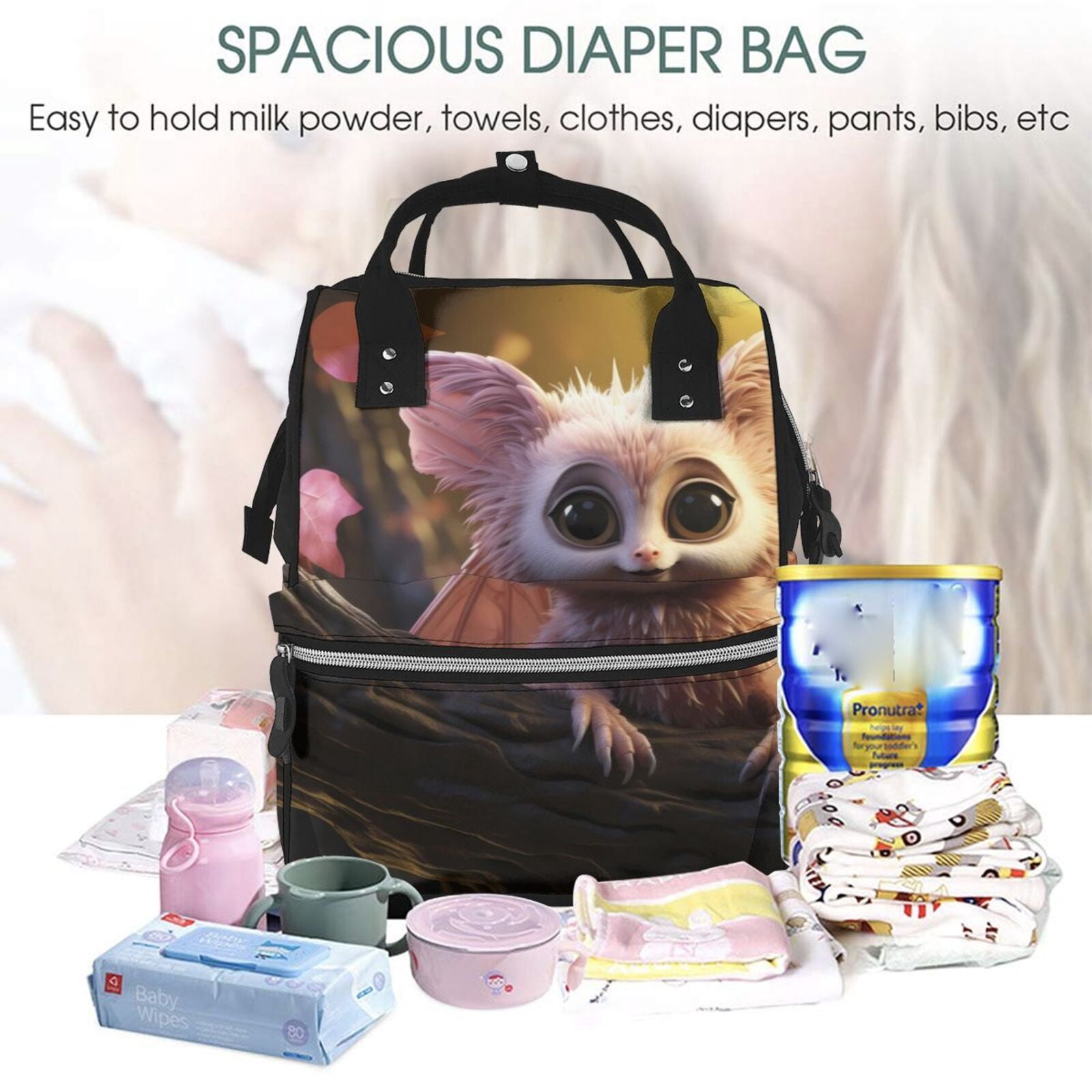 Fuzoiu Adorable Fluffy Bat Print Diaper Bag Backpack,Baby Essentials Travel Tote,Multi function Waterproof Diaper Bag, Travel Essentials Baby Bag - Unisex