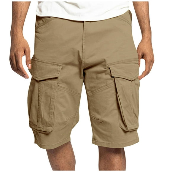 Pisexur Mens Shorts,Gym Shorts,Mens Cargo Shorts,Men Solid Color Casual Fashion Elastic Waist Pockets Workwear Shorts Pants Khaki,S