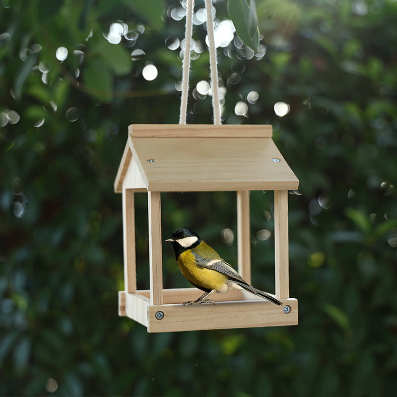 JIhuahe Wooden Hanging Bird Feeder with Open Sides Sloped Roof and Suspended Mount, Bird Feeders for Outdoors Wood Hanging Bird Feeder for Cardinals, Finches, Chickadees
