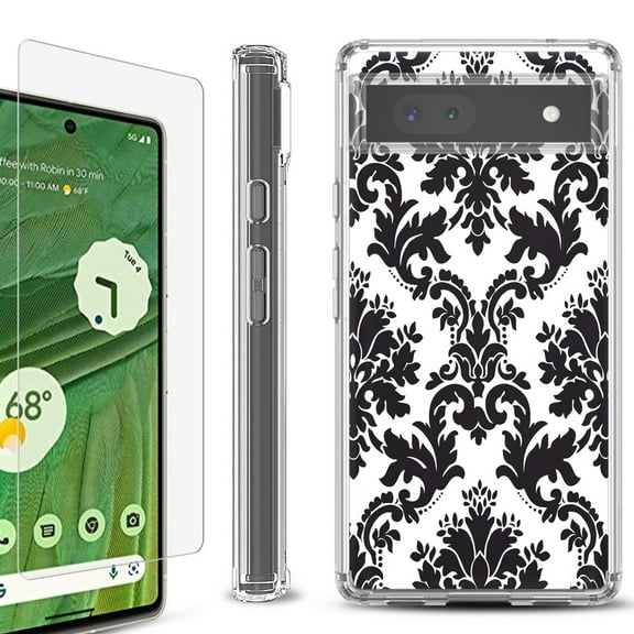 Shockproof Bumper Phone Case for Google Pixel 6a, with Tempered Glass Screen Protector, by OneToughShield ® - Victorian White/Black