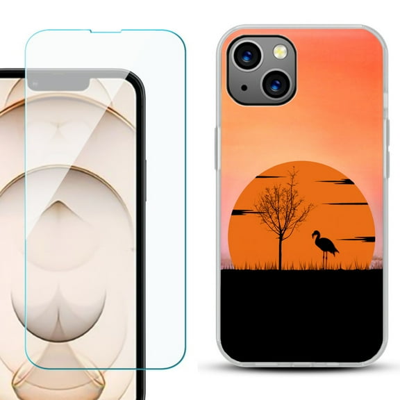 Slim-Fit Flexible TPU Gel Phone Case for iPhone 13, with Tempered Glass Screen Protector, by OneToughShield ® - Sunset Flamingo