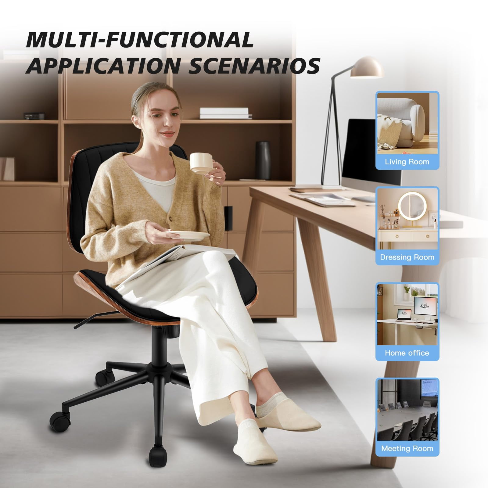 Rongbuk Home Office Chair, PU Leather Comfy Office Desk Chair with Wheels, Adjustable 360° Swivel Ergonomic Computer Chair, Armless Modern Vanity Chair Walnut Chair for Home Office, Black