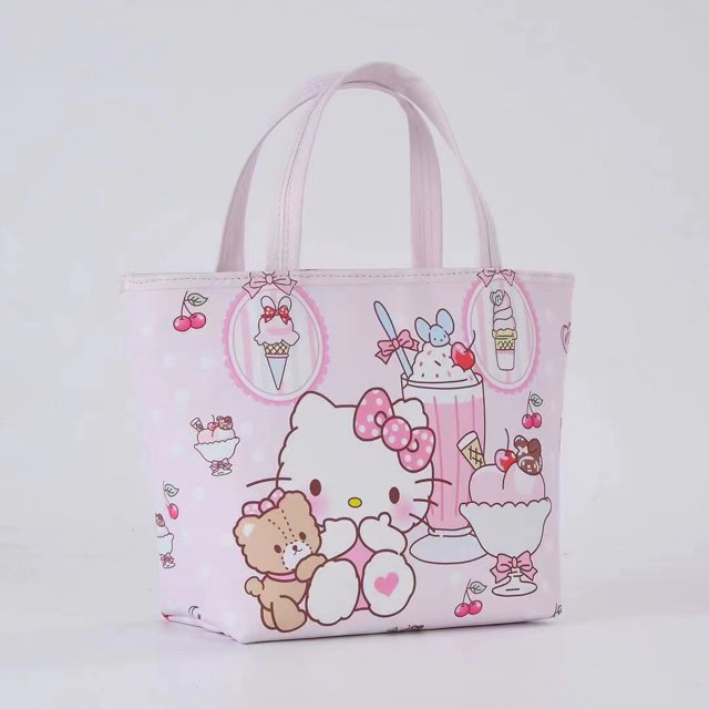 Handheld Large Capacity Portable Insulated Leather Picnic Bag Student Lunch Box Food Bag Hello Kitty Bag
