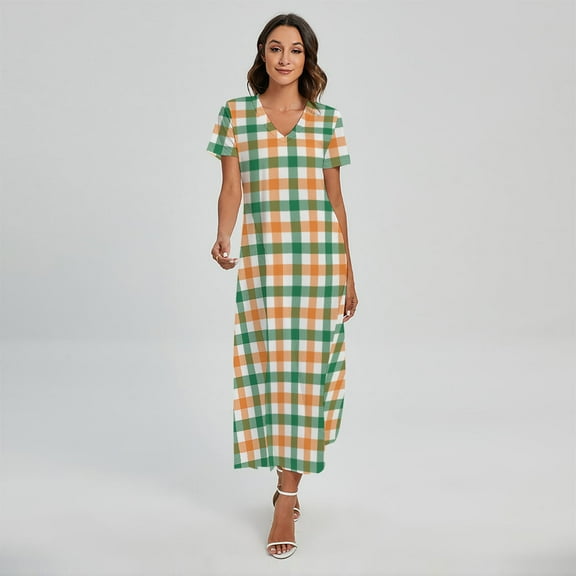 Irish Plaid St. Patrick'S Day Printed Short Sleeve Maxi Dress, Irish St. Patrick'S Day Fashion Summer Maxi Dress For Women
