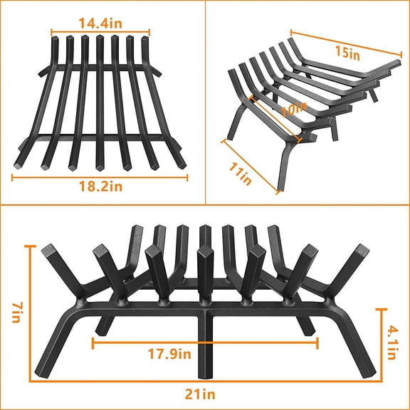 Fireplace Grate 21 inch Solid Steel Heavy Duty Fireplace Log Grates 3/4" Bar Grates Outdoor/Indoor Wrought Iron Burning Rack Holder