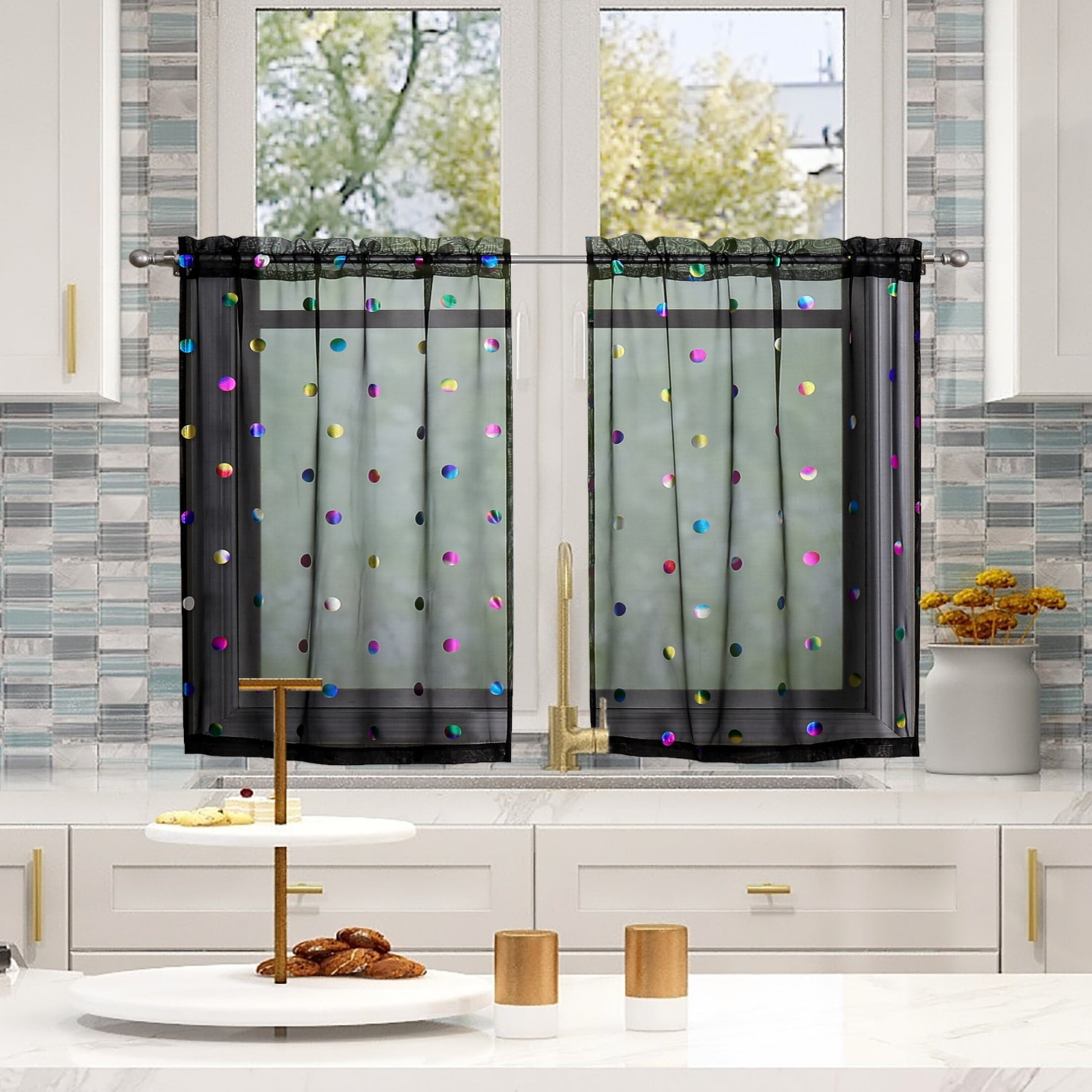 Bazaahm Black Metallic Kitchen Curtains Rod Pocket Polka Dot Sheer Tier