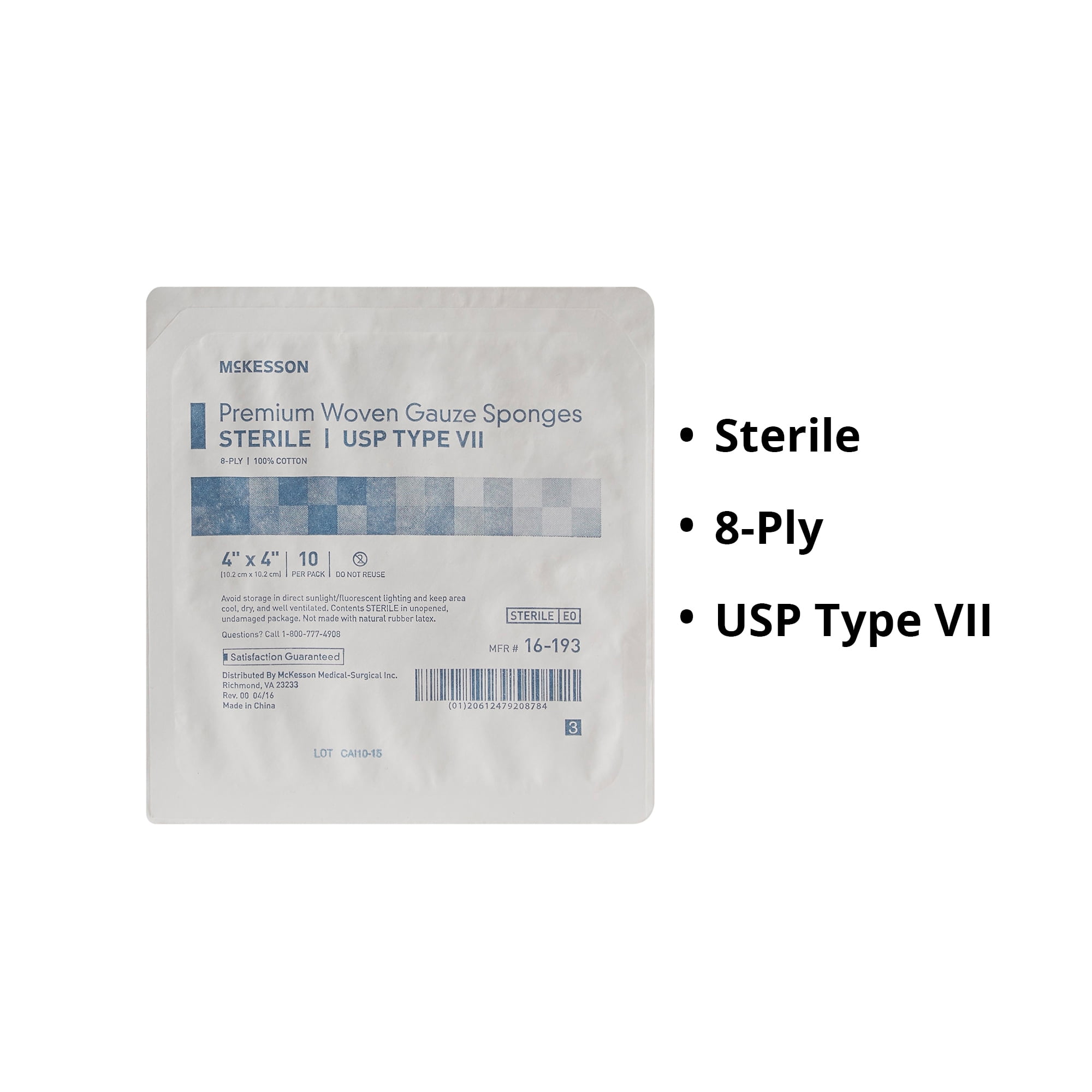 McKesson Premium Woven Gauze Sponges, 8-Ply - Sterile, 4 in x 4 in, 10 per Pack, 128 Packs, 1280 Total