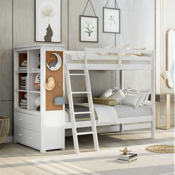 Wood Twin Over Bunk Bed For Kids, Twin Bunk Bed With Bookcase