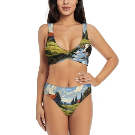 Zeuib Pasture Cow A High Waisted Tummy Control Bikini Set - Knot Front Push Up Top & Cheeky Thong Bottom  Two-Piece Swimsuit for Women-X-Large