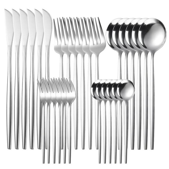 Silverware Sets, 30 Pieces Stainless Steel Flatware Set, Utensils Set Service for 6, Tableware Cutlery Set for Home and Restaurant, Knives Forks Spoons, Mirror Polished, Dishwasher Safe, Silver