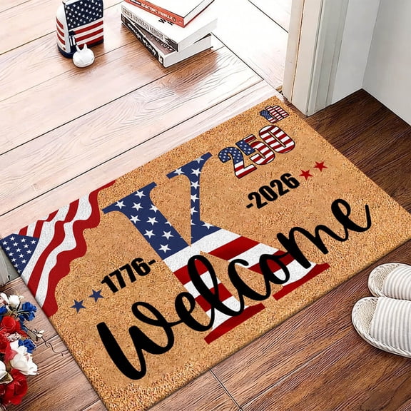 USA 250th Anniversary Alphabet Doormat, Polyester Indoor Outdoor Rug with 26 Letters for Personalized Last Name, Patriotic Independence Day Decor for Home Entryway