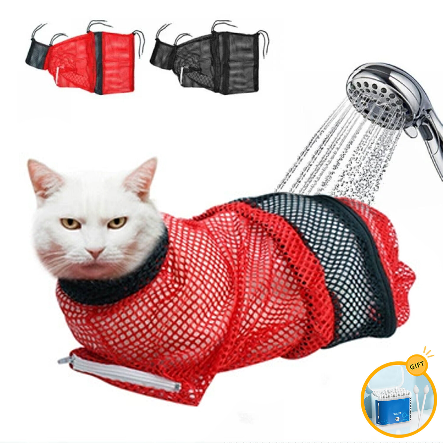 Cat Bathing Bag with 110 Pcs Ear Cleaning Swabs, Breathable Mesh Cat Shower Bag Anti Scratch Adjustable Cat Grooming Bag for Nail Trimming, Bathing Polyester Soft Cat Washing Bag