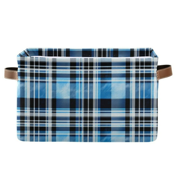 Blue and Black Plaid Storage Bins with Handle Fabric Organizer Basket Foldable Box 1 Pack 14.2x10.2x8.3
