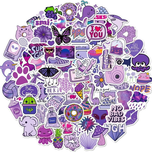 100 pegatinas moradas, paquete de pegatinas de dibujos animados para adultos, niños, pegatinas de vinilo impermeables y estéticas para botella de agua