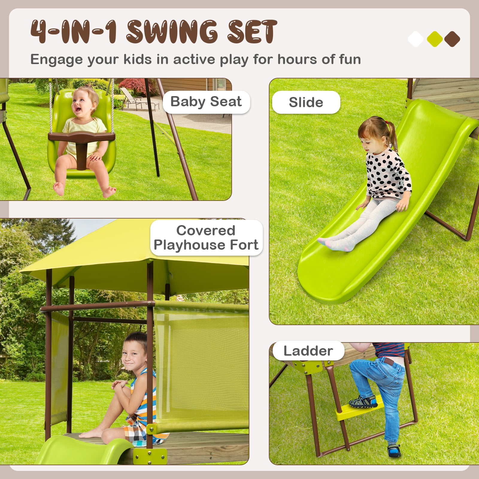 Infans 4-in-1 Swing Set w/ Covered Playhouse Fort Height Adjustable Baby Seat Slide