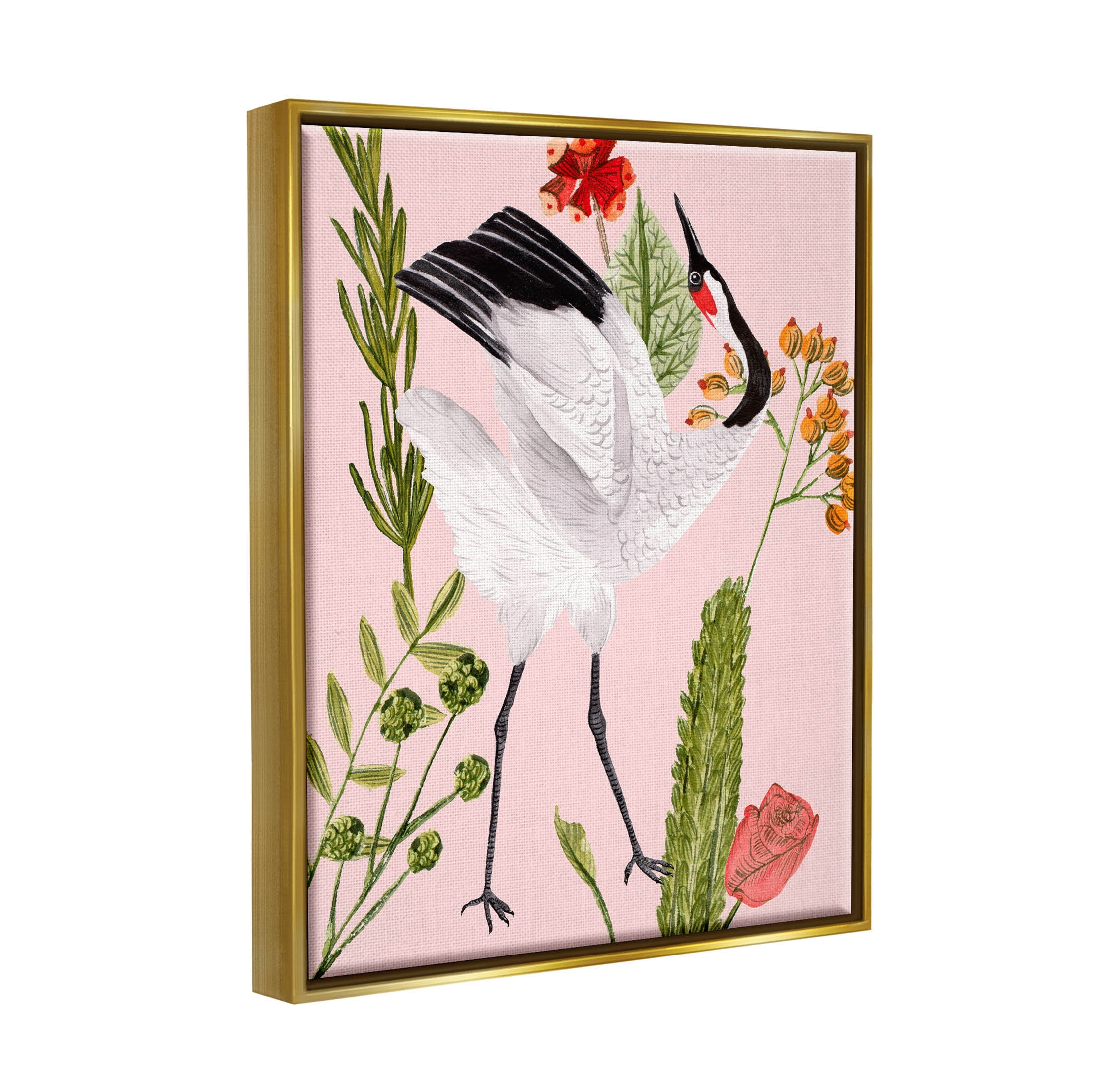 Stupell Industries Tropical Crane Bird Botanicals Graphic Art Metallic Gold Floating Framed Canvas Print Wall Art, Design by Melissa Wang