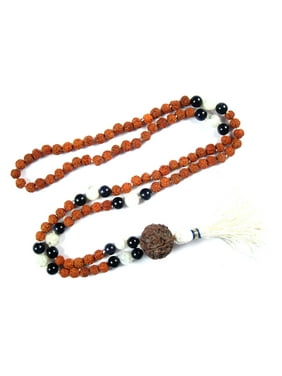 Mogul Mala Beads Black Onyx Rudraksha Moon Stone Prayer Meditation Necklace