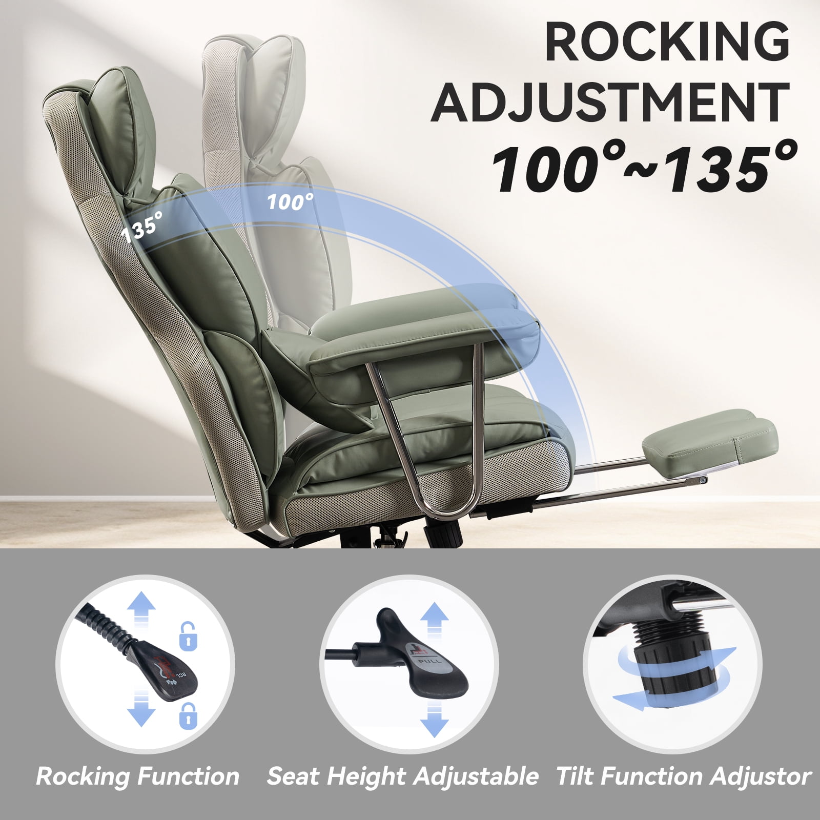 ATMILD 400 lbs Big and Tall Ergonomic PU Leather Office Chair with Footrest, Green