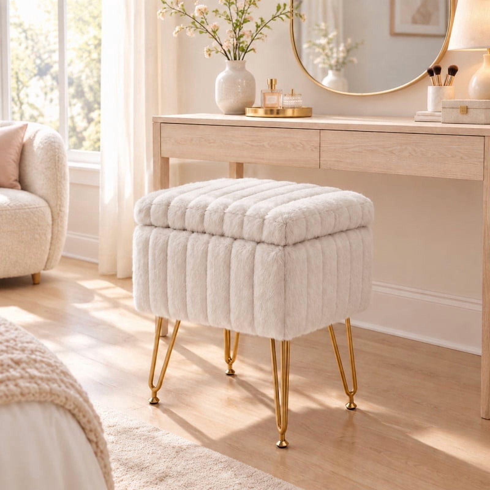 BEAUTYPEAK Vanity Stool with Storage Faux Fur Padded Makeup Ottoman with Gold Metal Legs and Adjustable Feet 18.9" Footstool, Camel