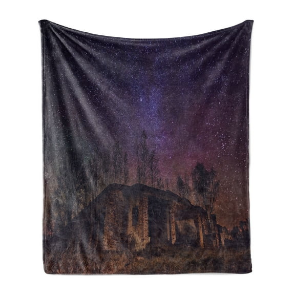 Rustic Soft Flannel Fleece Throw Blanket, Underground View of Rock Building with Stary Sky Cosmos Galaxy Universe Print, Cozy Plush for Indoor and Outdoor Use, 50" x 60", Brown Purple, by Ambesonne