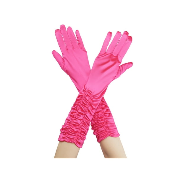 GUANTES LARGOS DE SATÉN BRILLANTE PARA MUJERES INSPIRADOS EN CHIC, CON PLIEGUES, DE DEDO COMPLETO, TAMAÑO ÚNICO, ROSA FUERTE