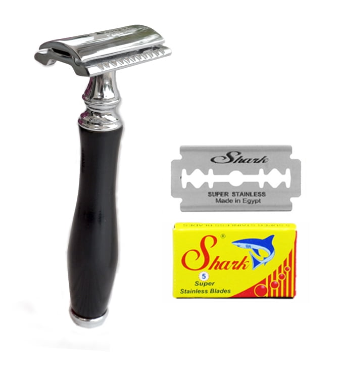 CS-209 Classic Samurai Double Edge Safety Razor w/ Genuine Leather Shaving Travel Case & and 5 SHARK Double Edge Blades