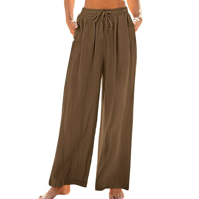 FNFYFH Clearance Womens Wide Leg Pants with Pockets Drawstring Cotton Linen Pant Solid Palazzo Trousers,Gray