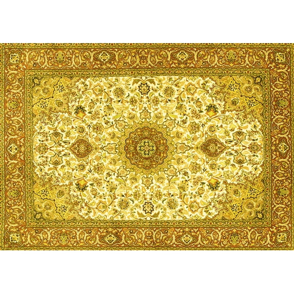 Ahgly Company Machine Washable Indoor Rectangle Medallion Yellow Traditional Area Rugs, 8' x 12'