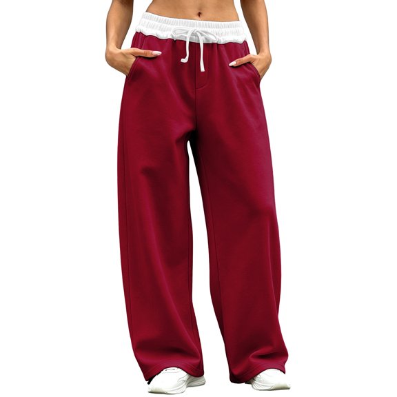 Guluxicc Women's Sweat Pants with Pockets Elastic Waist Drawstring Long Wide Leg Trousers for Everyday Fall Winter