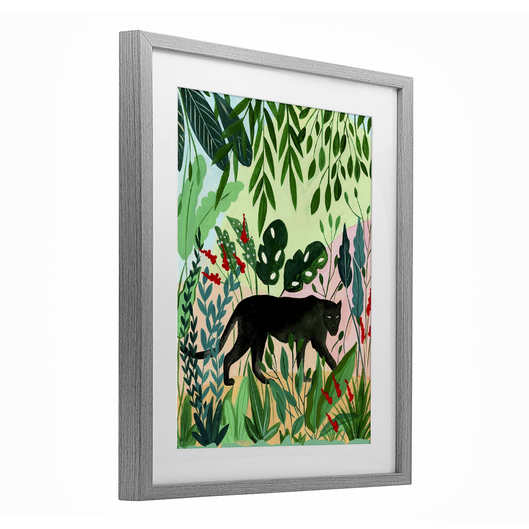 Stoic Panther Tropical Forest Gray Framed Print Under Glass, design by Nabeela Rumi